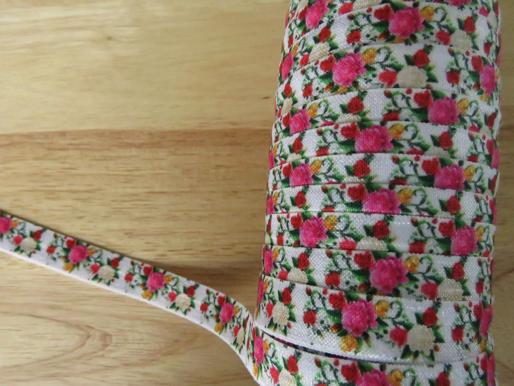 1m Cream Pink Red Roses Fold over FOE Fold over elastic 15mm