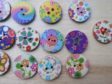 Load image into Gallery viewer, 10 x 25mm Mixed Bright Floral Mixed Print Wood Buttons- random set of 10 prints