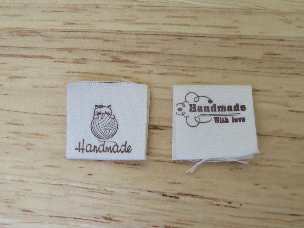 50 Cat behind ball of wool Handmade with Love cotton flag labels. 2 x 2cm