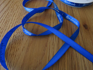1m Royal Blue satin Handmade Ribbon  labels are approx. 50 x 10mm