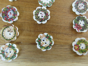 10 Christmas Wreath Print buttons Flower shape edge 18mm