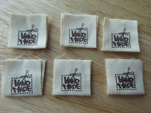 6 Handmade in Box with Scissors Flag Cotton Labels 2 x 2cm folded - 50