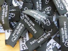 Load image into Gallery viewer, 10 Black Handmade With Love and Heart Labels 55 x 15mm