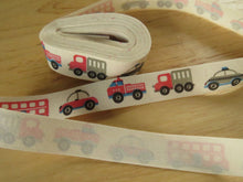 Load image into Gallery viewer, 5 yards/ 4.6m Police car fire engine bus truck on Cream 100% cotton tape