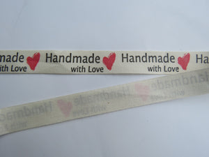 1m Cotton Tape Handmade with Love and  Red Heart  Labels. 50 x 15mm