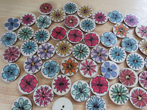 10 Mixed Print large Single flower Buttons 25mm diameter Brown back