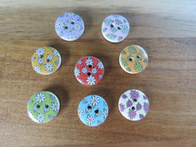 Load image into Gallery viewer, 10 Daisy Print Mixed Background Colour 15mm Wood buttons white back
