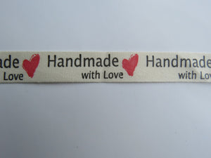 1m Cotton Tape Handmade with Love and  Red Heart  Labels. 50 x 15mm