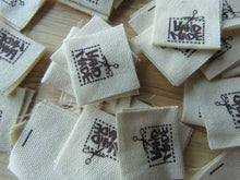 Load image into Gallery viewer, 6 Handmade in Box with Scissors Flag Cotton Labels 2 x 2cm folded - 50