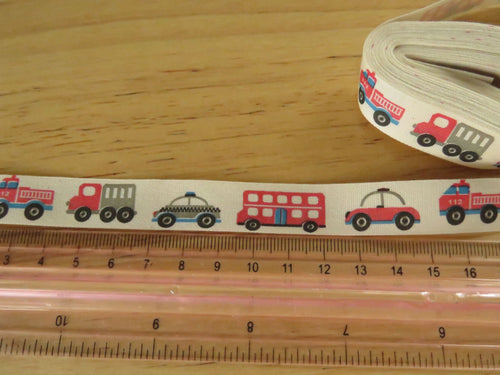 5 yards/ 4.6m Police car fire engine bus truck on Cream 100% cotton tape