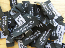 Load image into Gallery viewer, 50 Black Handmade With Love and Double Heart Labels 50 x 15mm