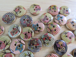50  Striped Owl on branch buttons 15mm- wood colour back