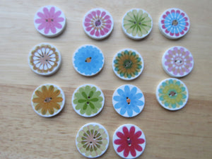10 Large Single Flower Round Wood like Buttons 25mm diameter