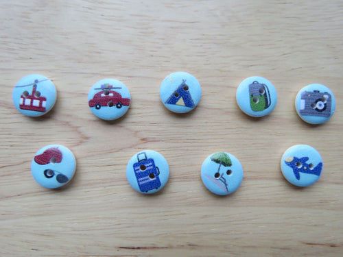 10 Travel Theme Blue 15mm buttons- suitcase, camera, camping, sunglasses,