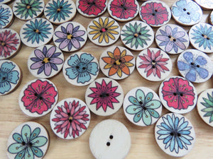 10 Mixed Print large Single flower Buttons 25mm diameter Brown back