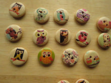 Load image into Gallery viewer, 25 Mixed Owl print buttons- light wood look background 15mm