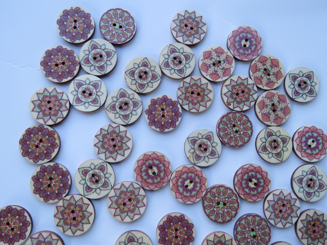 25 x 25mm Pink Green retro print wooden buttons- random mix of 25