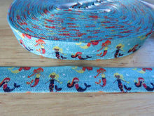 Load image into Gallery viewer, 4m Mermaids on Blue fold over elastic FOE Foldover elastic 15mm