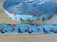 Load image into Gallery viewer, 1m Mermaids on Blue fold over elastic FOE Foldover elastic 15mm