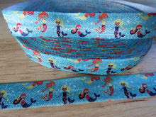 Load image into Gallery viewer, 4m Mermaids on Blue fold over elastic FOE Foldover elastic 15mm