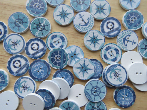 10 Blue and White Nautical print 25mm buttons