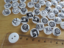 Load image into Gallery viewer, 50 Black on white sewing them 15mm buttons- sewing machine, thread, wool,fabric