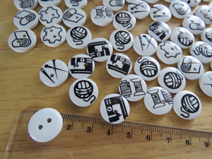 50 Black on white sewing them 15mm buttons- sewing machine, thread, wool,fabric