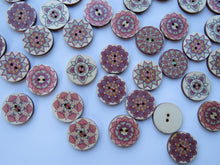 Load image into Gallery viewer, 10 x  25mm Pink Green retro print wooden buttons- random mix of 10
