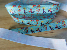 Load image into Gallery viewer, 1m Mermaids on Blue fold over elastic FOE Foldover elastic 15mm