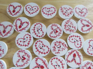 50 Red on white heart print 20mm buttons on white background- mix as shown
