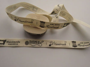 5 yards/ 4.6m Various print hand made labels printed on Cream 100% cotton tape