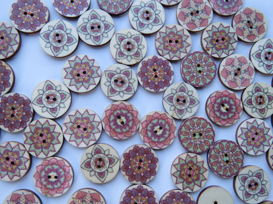 26 x 25mm Pink Green retro print wooden buttons- random mix of 25