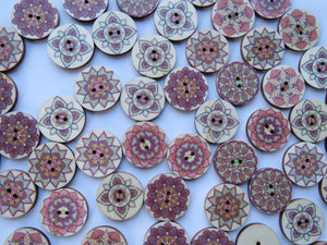25 x 25mm Pink Green retro print wooden buttons- random mix of 25