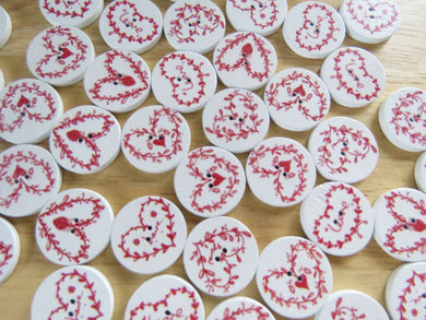25 Red on white heart print 20mm buttons on white background- mix as shown