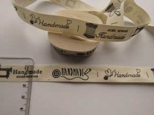 5 yards/ 4.6m Various print hand made labels printed on Cream 100% cotton tape