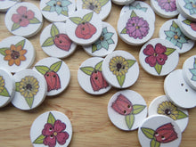 Load image into Gallery viewer, 25 Large Single Flower with leaves print with white background 25mm buttons