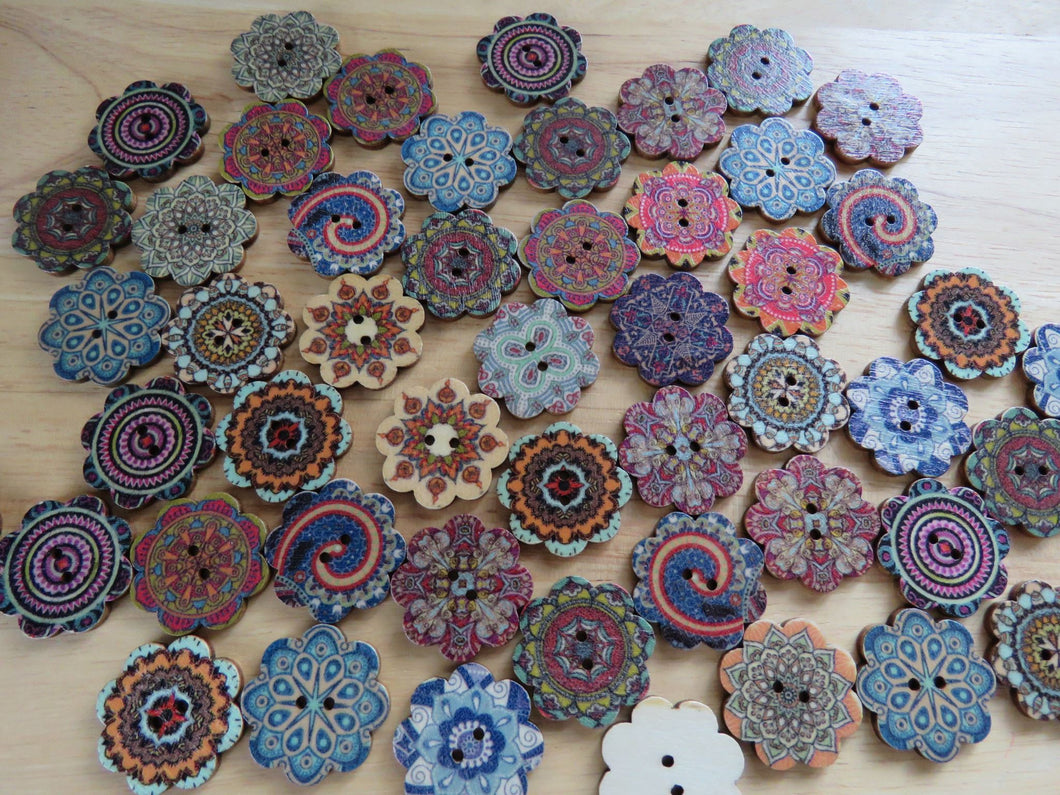 10 Retro Print Flower Shape Wood like Buttons 25mm diameter