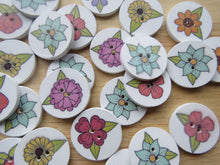 Load image into Gallery viewer, 25 Large Single Flower with leaves print with white background 25mm buttons