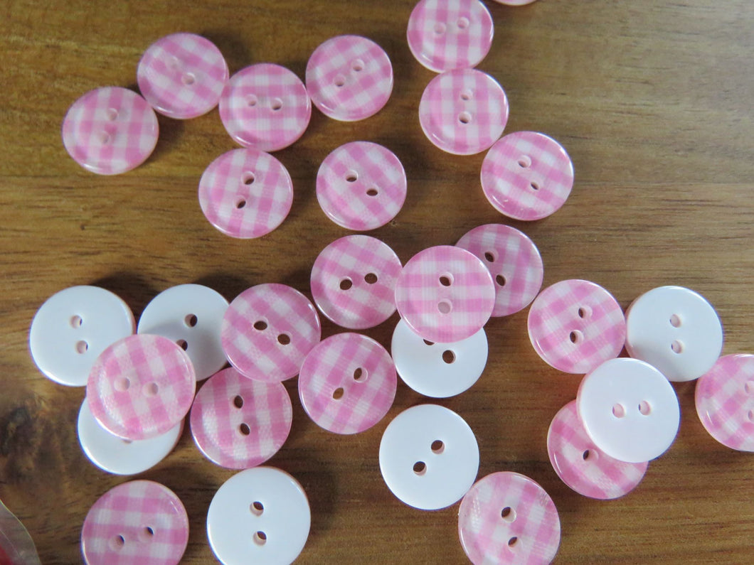 54 Pink and White Gingham Print Resin buttons 12mm diameter