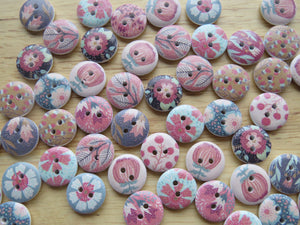 10 Tulip, Flower, Blossom Mixed Print Wooden Buttons 15mm in diameter