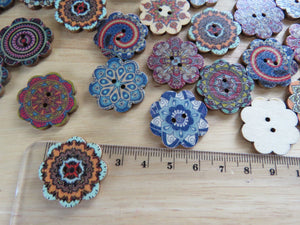 10 Retro Print Flower Shape Wood like Buttons 25mm diameter