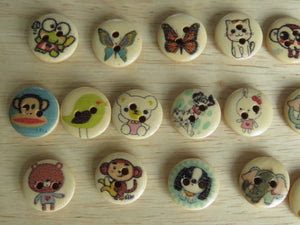 50 Mixed Print- butterfly dog bear etc mixed animal buttons 15mm