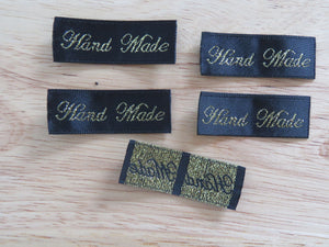 100 Hand Made in Cursive Font Black Woven labels. 40x 15mm