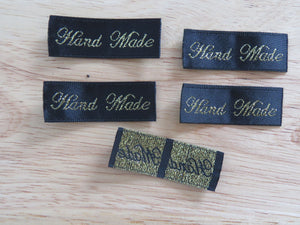 40 Hand Made in Cursive Font Black Woven labels. 40x 15mm