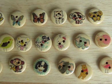 25 Mixed Print- butterfly dog bear etc mixed animal buttons 15mm