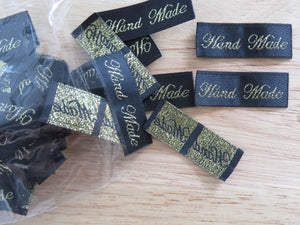 40 Hand Made in Cursive Font Black Woven labels. 40x 15mm