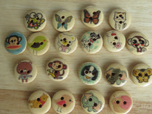 Load image into Gallery viewer, 25 Mixed Print- butterfly dog bear etc mixed animal buttons 15mm