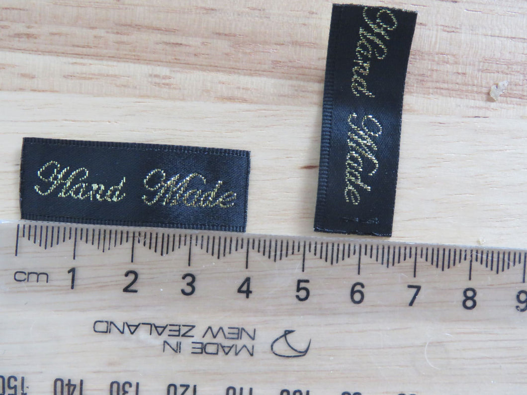40 Hand Made in Cursive Font Black Woven labels. 40x 15mm