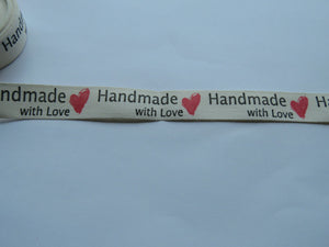 1m Cotton Tape Handmade with Love and  Red Heart  Labels. 50 x 15mm