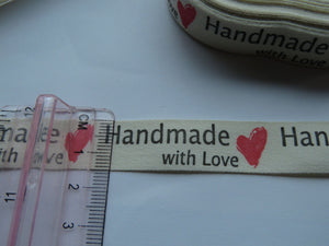 1m Cotton Tape Handmade with Love and  Red Heart  Labels. 50 x 15mm